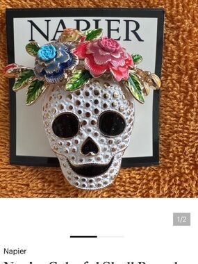 Napier White Enamel Skull Brooch with Pink and Blue Floral Crown